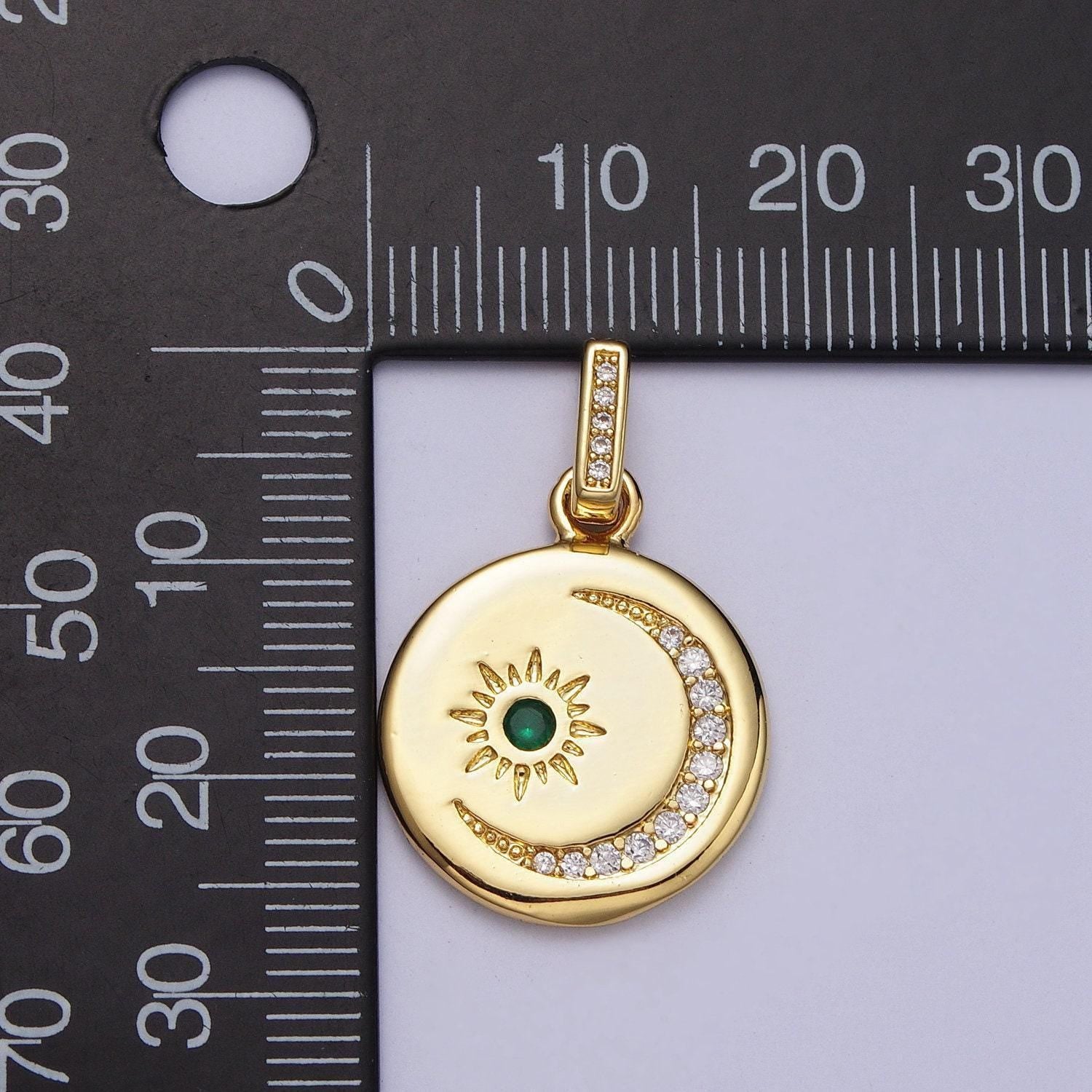 14k gold filled celestial sun crescent moon round coin charm cubic zirconia moon star pendant | h353