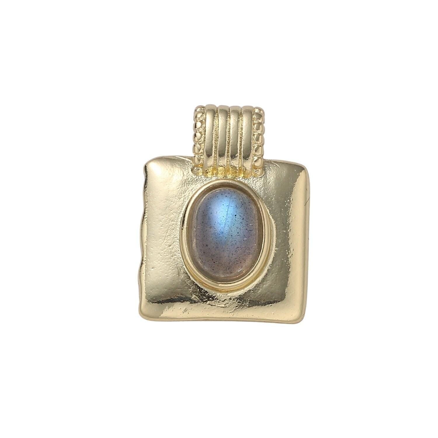 Square gold oval moonstone solitaire charm gold tag bracelet pendant, gold charm for necklace supply diy jewelry pdgf 2177