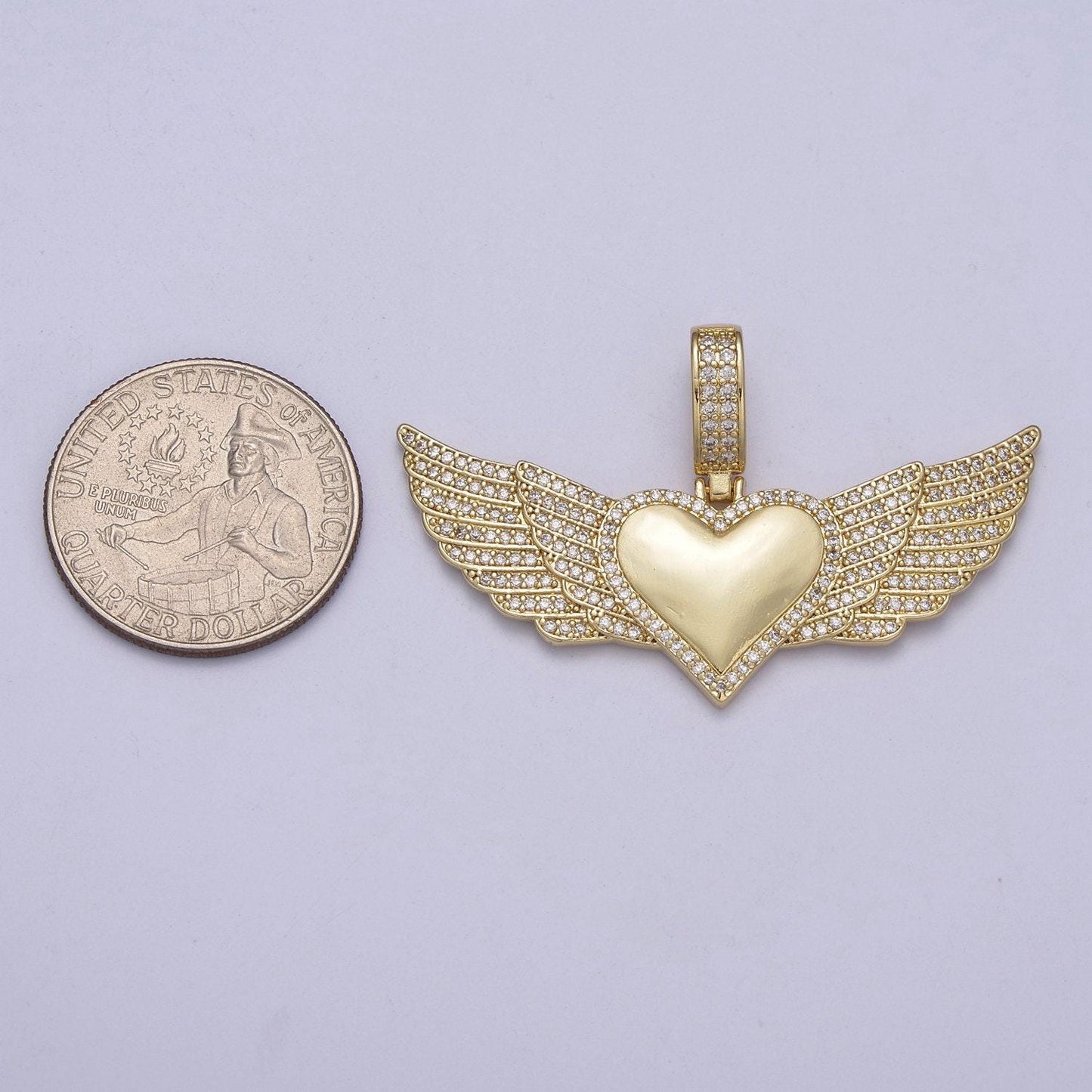Iced winged heart charm necklace protection pendant cubic zirconia guardian angel wing h-318