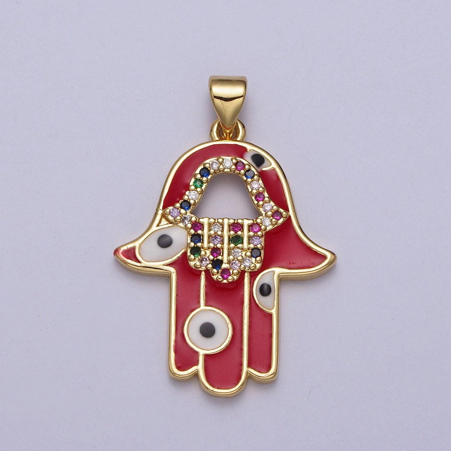 24k gold hamsa hand red rainbow micro pave, cz hamsa hand pendant charm, micro pave cz evil eye pendant charm, for diy jewelry h303