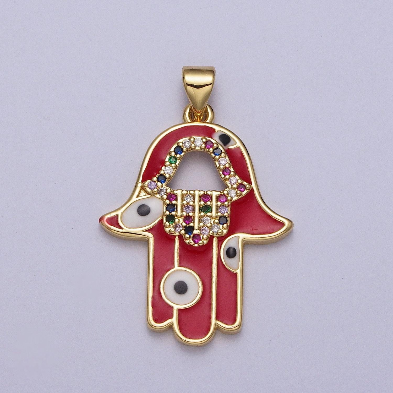 24k gold hamsa hand red rainbow micro pave, cz hamsa hand pendant charm, micro pave cz evil eye pendant charm, for diy jewelry h303
