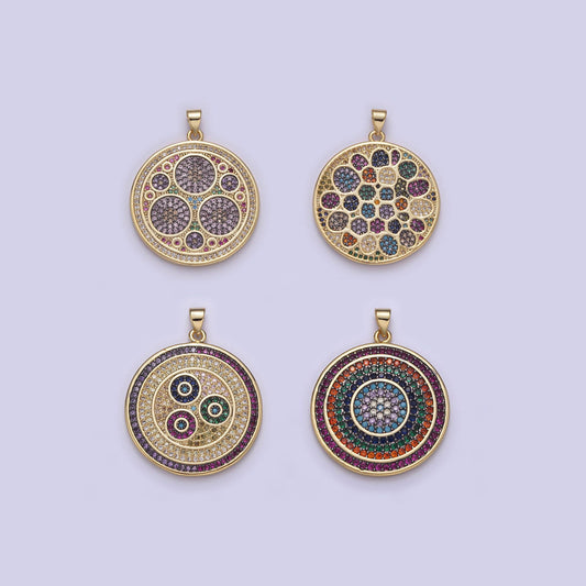 Multicolor diamond disc pendant, round disc charm micro pave medallion pendant 14k gold filled h-242, h-243, h-244, h-292