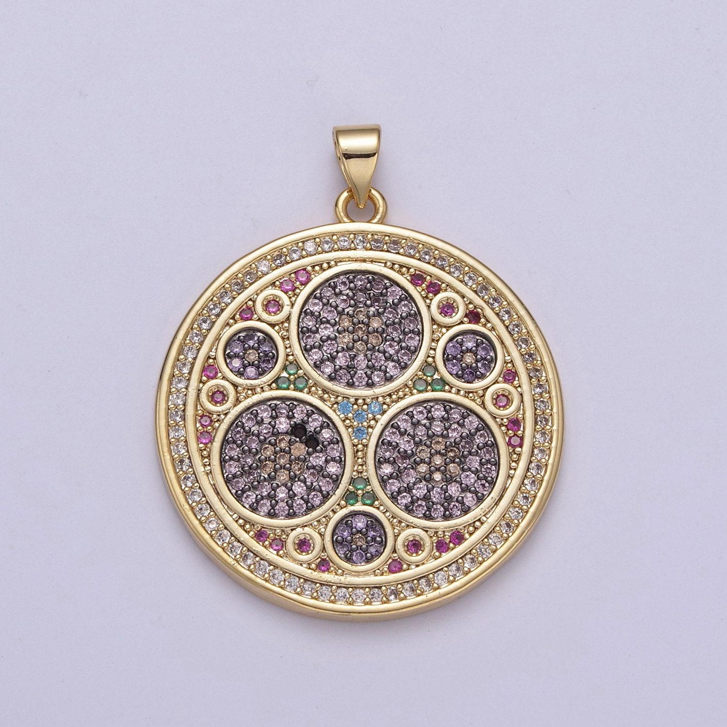 Multicolor diamond disc pendant, round disc charm micro pave medallion pendant 14k gold filled h-242, h-243, h-244, h-292