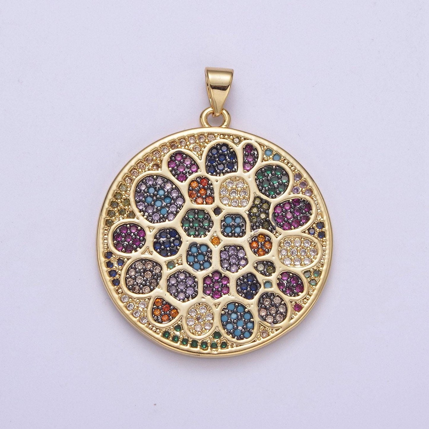 Multicolor diamond disc pendant, round disc charm micro pave medallion pendant 14k gold filled h-242, h-243, h-244, h-292