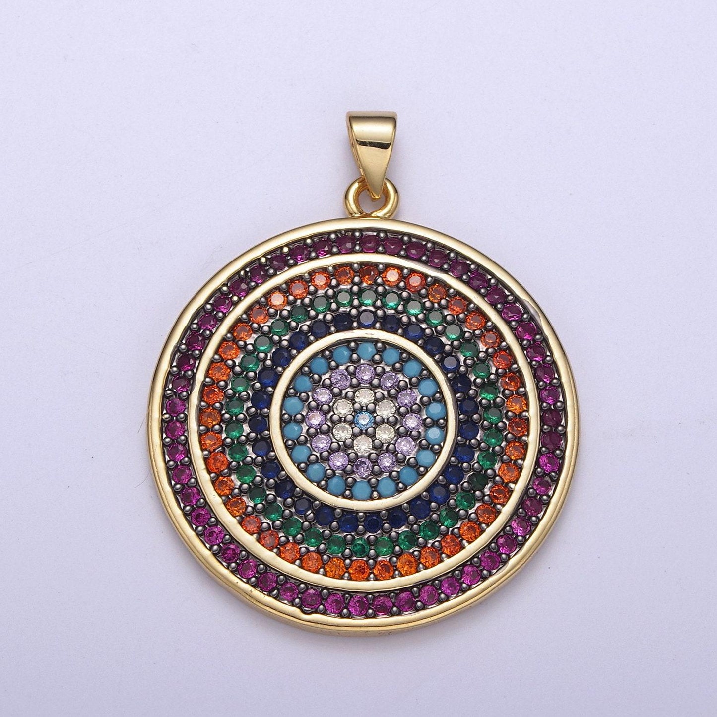 Multicolor diamond disc pendant, round disc charm micro pave medallion pendant 14k gold filled h-242, h-243, h-244, h-292