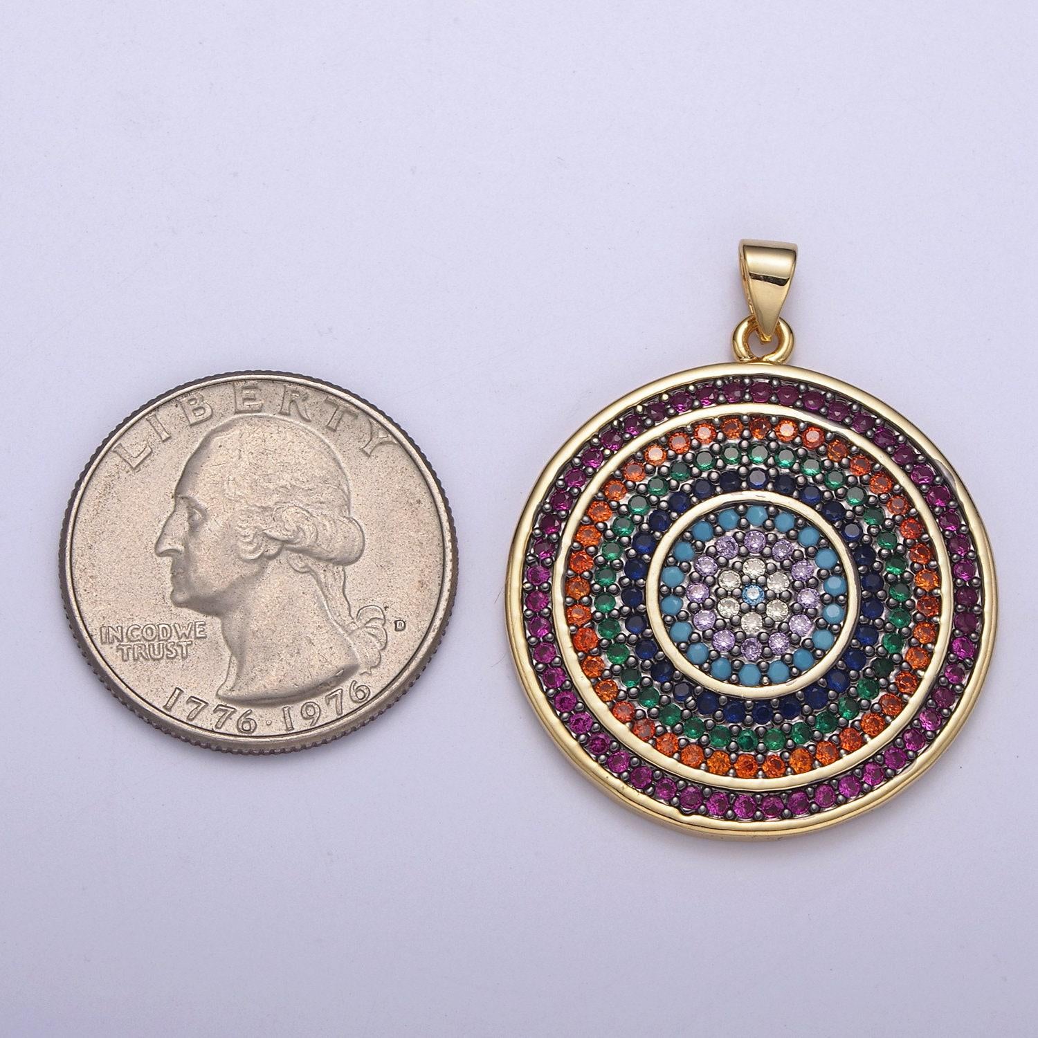 Multicolor diamond disc pendant, round disc charm micro pave medallion pendant 14k gold filled h-242, h-243, h-244, h-292
