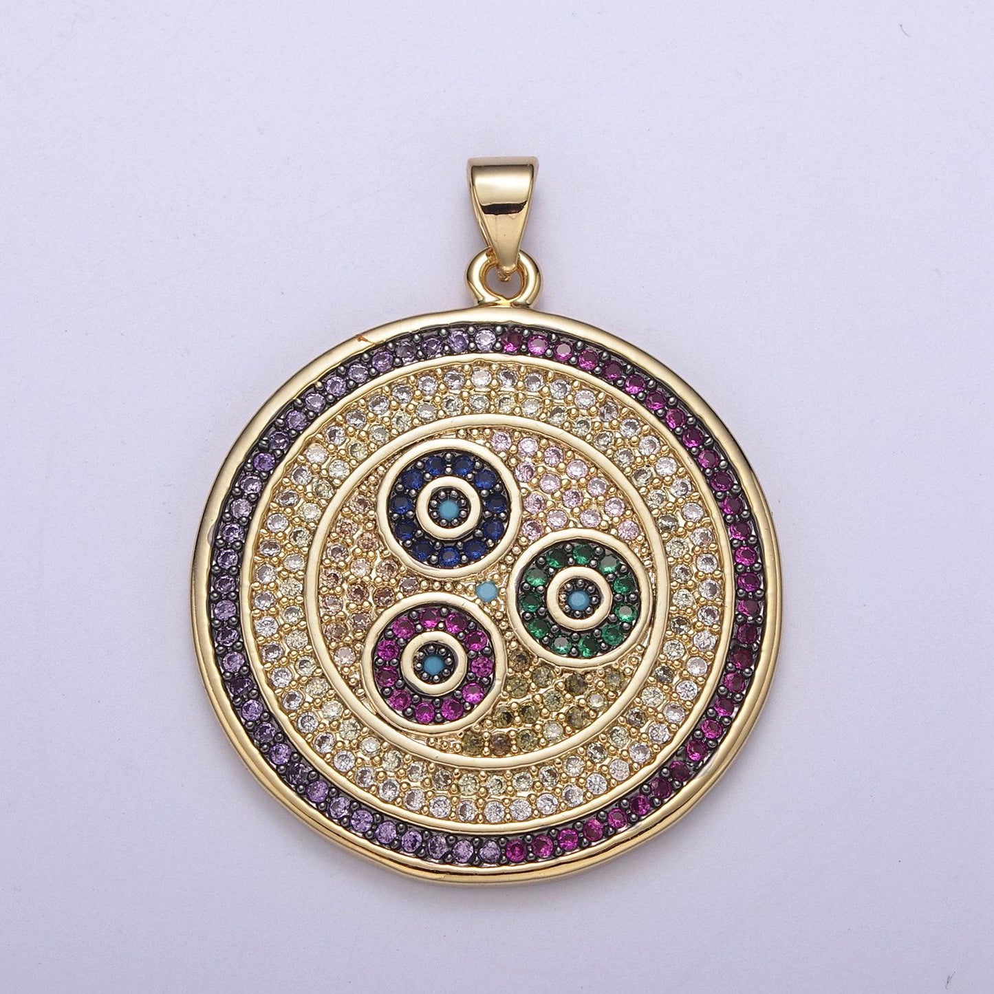 Multicolor diamond disc pendant, round disc charm micro pave medallion pendant 14k gold filled h-242, h-243, h-244, h-292