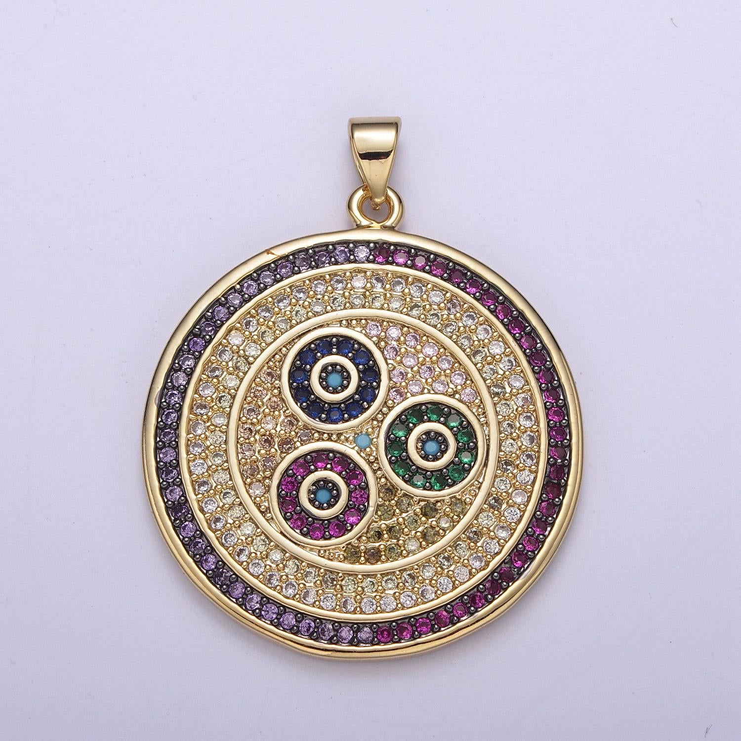 Multicolor diamond disc pendant, round disc charm micro pave medallion pendant 14k gold filled h-242, h-243, h-244, h-292