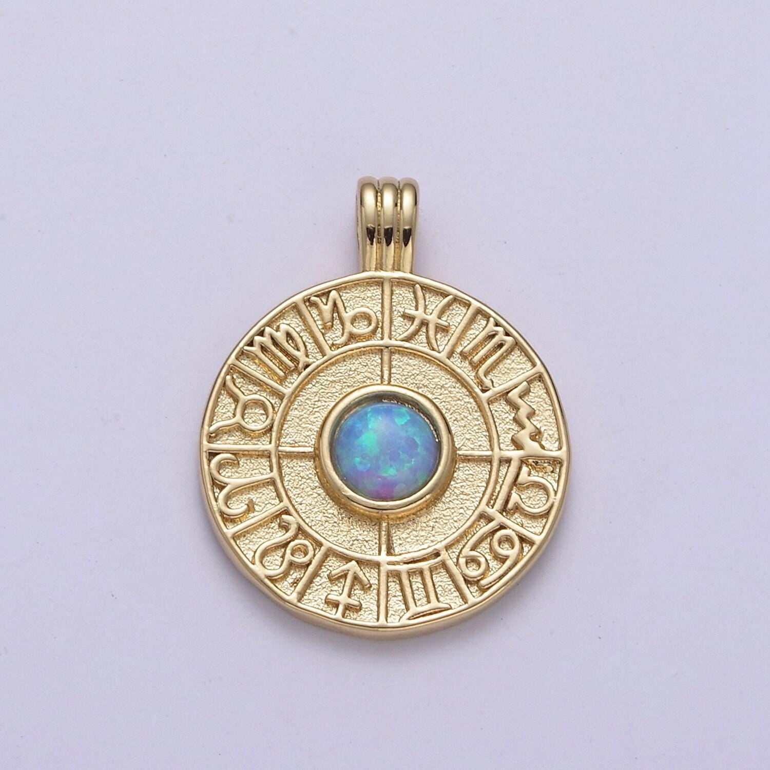 Dainty gold opal zodiac medallion horoscope coin pendant h-281, h-283, h-284