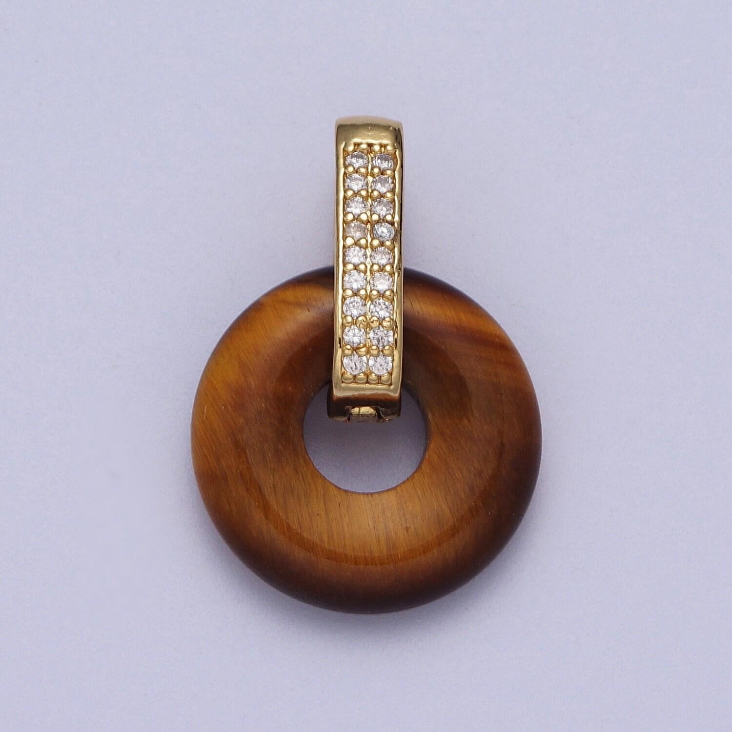 Natural amethyst, onyx, jade, tiger eye, rose quartz donut micro paved pendant | h267 h270 h271 h272 h273