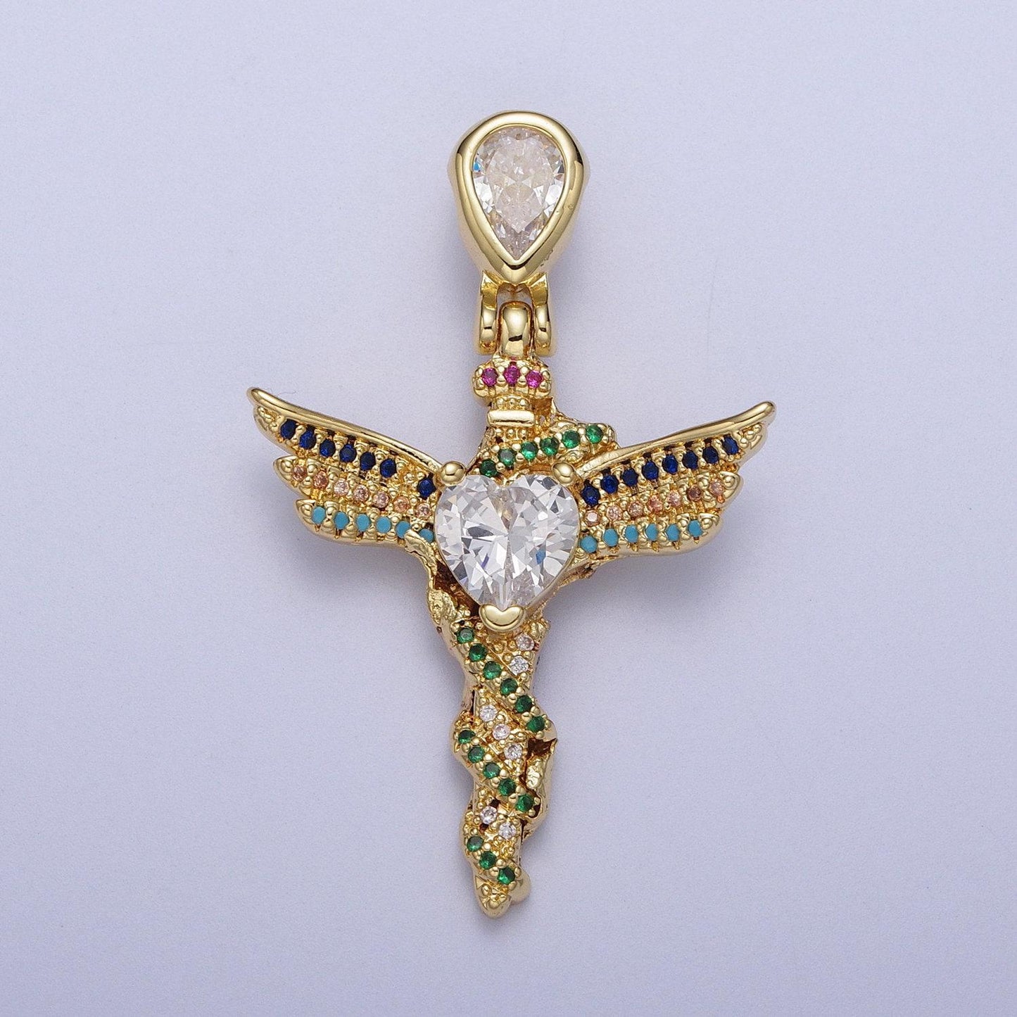 24k gold filled multicolor micro paved clear heart cz winged religious gold cross pendant | h252