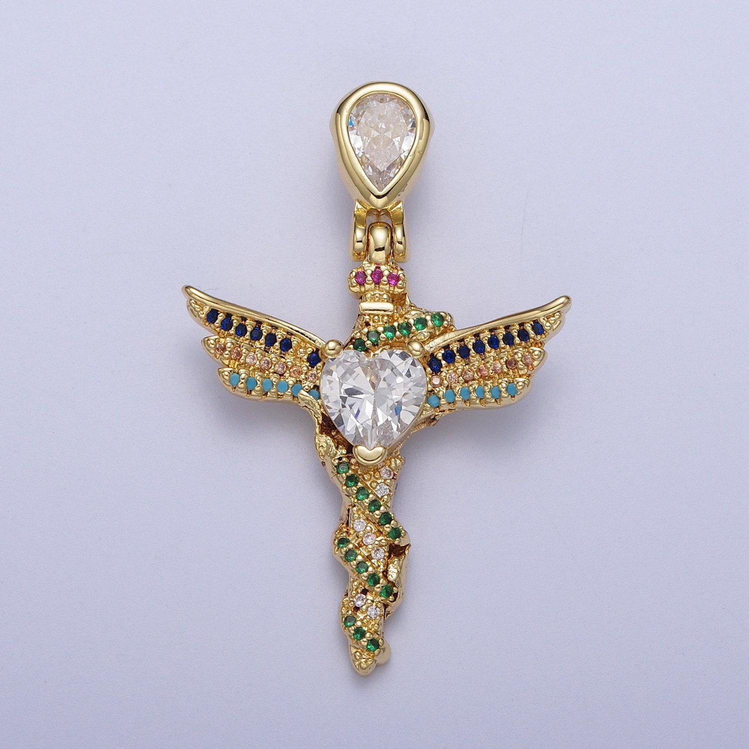 24k gold filled multicolor micro paved clear heart cz winged religious gold cross pendant | h252
