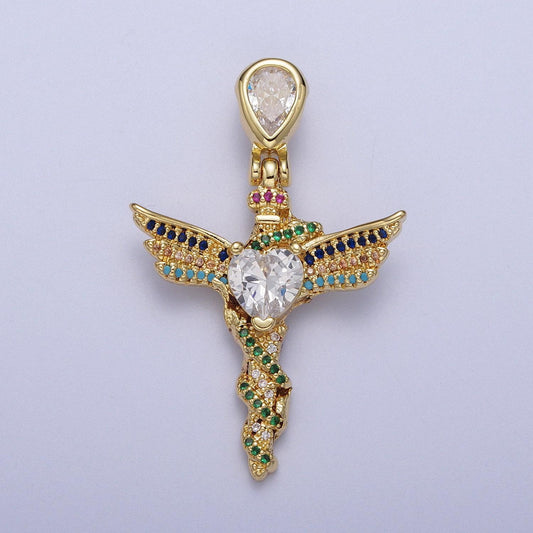 24k gold filled multicolor micro paved clear heart cz winged religious gold cross pendant | h252