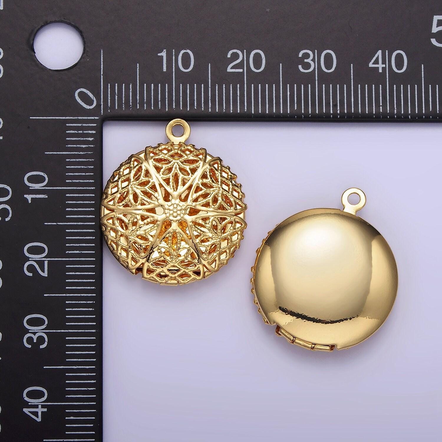 14k gold filled flower filigree round locket charm in gold & silver | h242