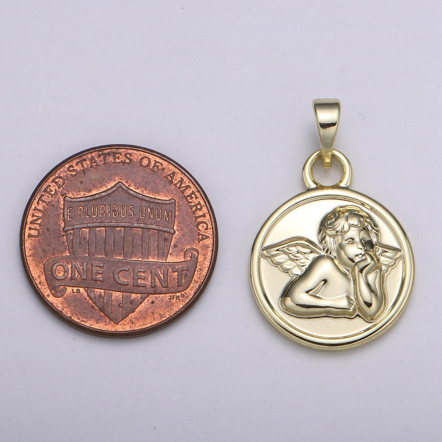 14k gold cupid charm- medallion cupid pendant - angel coin pendant - for necklace bracelet earring component, pdgf-2167