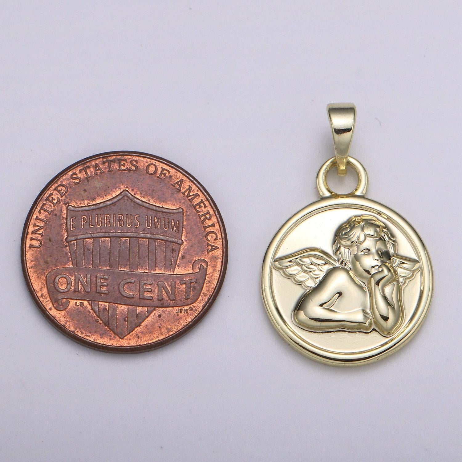 14k gold cupid charm- medallion cupid pendant - angel coin pendant - for necklace bracelet earring component, pdgf-2167