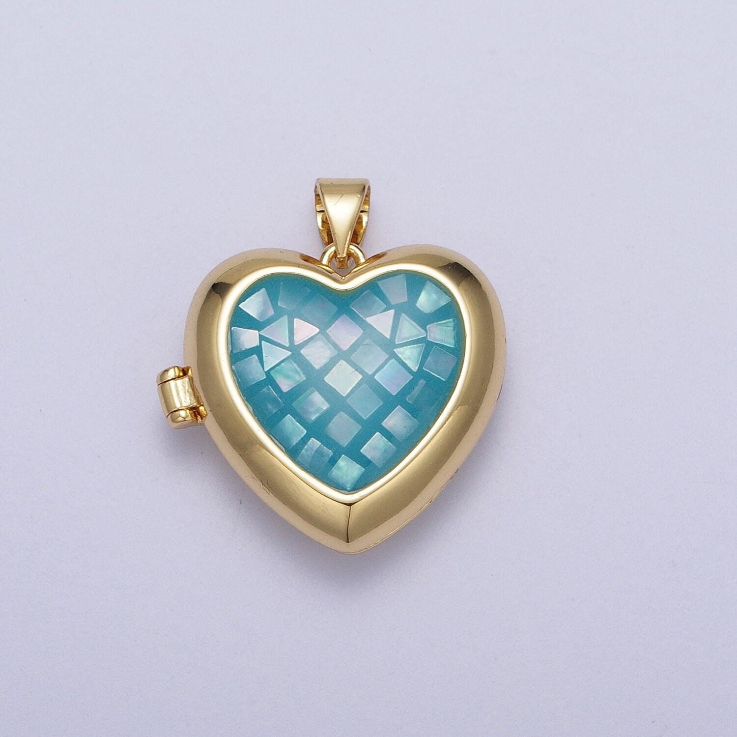 24k gold filled shell love heart locket charm necklace, abalone pink blue white green shell for personalized necklace pendant | h-151