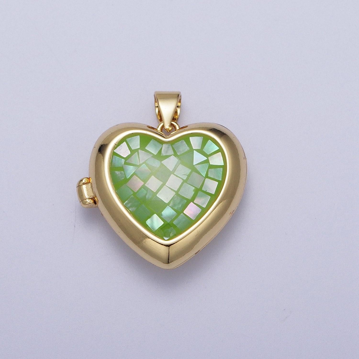 24k gold filled shell love heart locket charm necklace, abalone pink blue white green shell for personalized necklace pendant | h-151