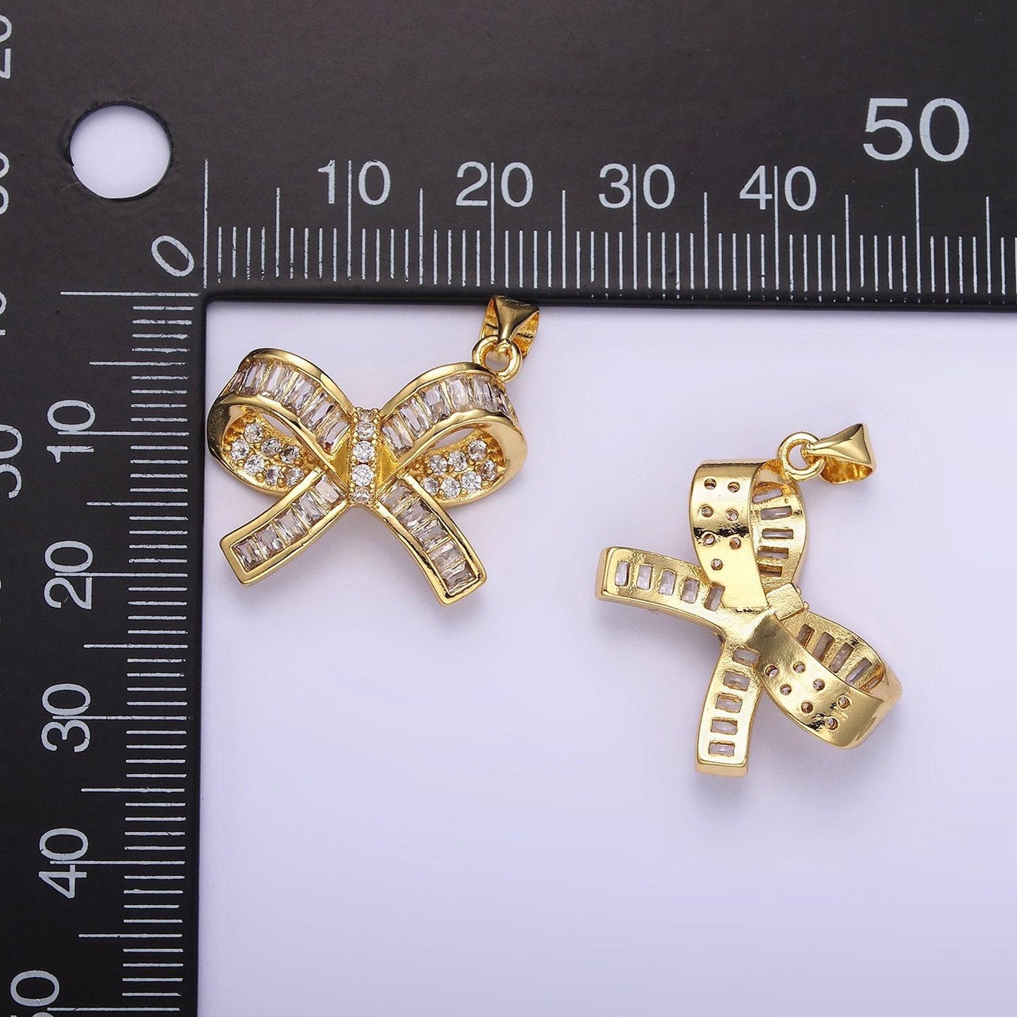 Cubic zirconia bow charm dainty baguette bow pendant 24k gold filled cz bow pendant dainty bow charm for bracelet necklace earring supply
