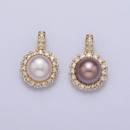 Elegant purple white round shell pearl round pendant, gold plated micro paved clear cz thick cz edge mother of pearl charm | h-102, h-108