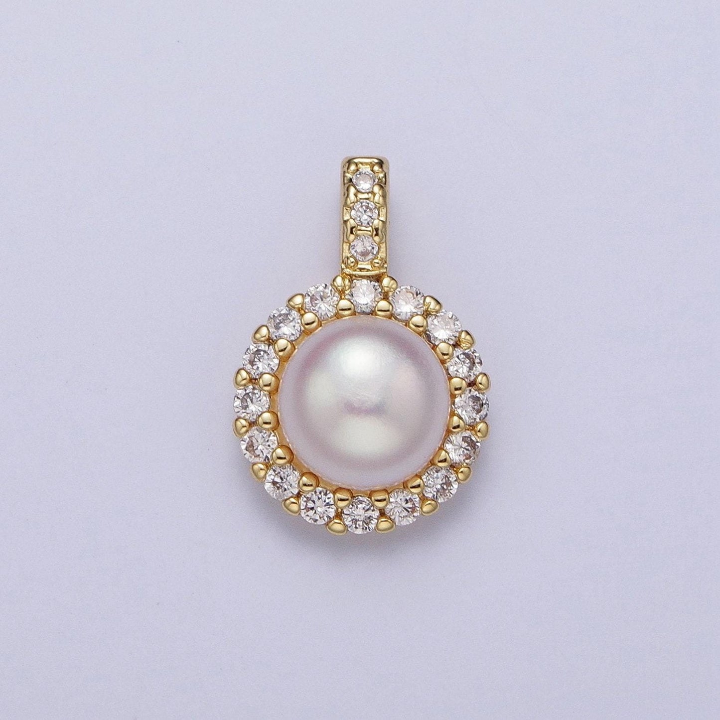Elegant purple white round shell pearl round pendant, gold plated micro paved clear cz thick cz edge mother of pearl charm | h-102, h-108