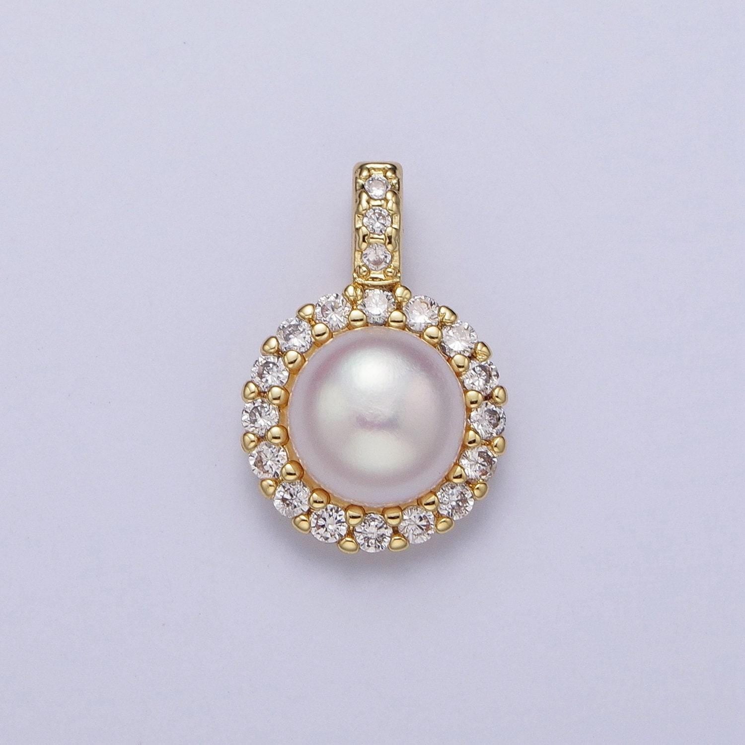 Elegant purple white round shell pearl round pendant, gold plated micro paved clear cz thick cz edge mother of pearl charm | h-102, h-108