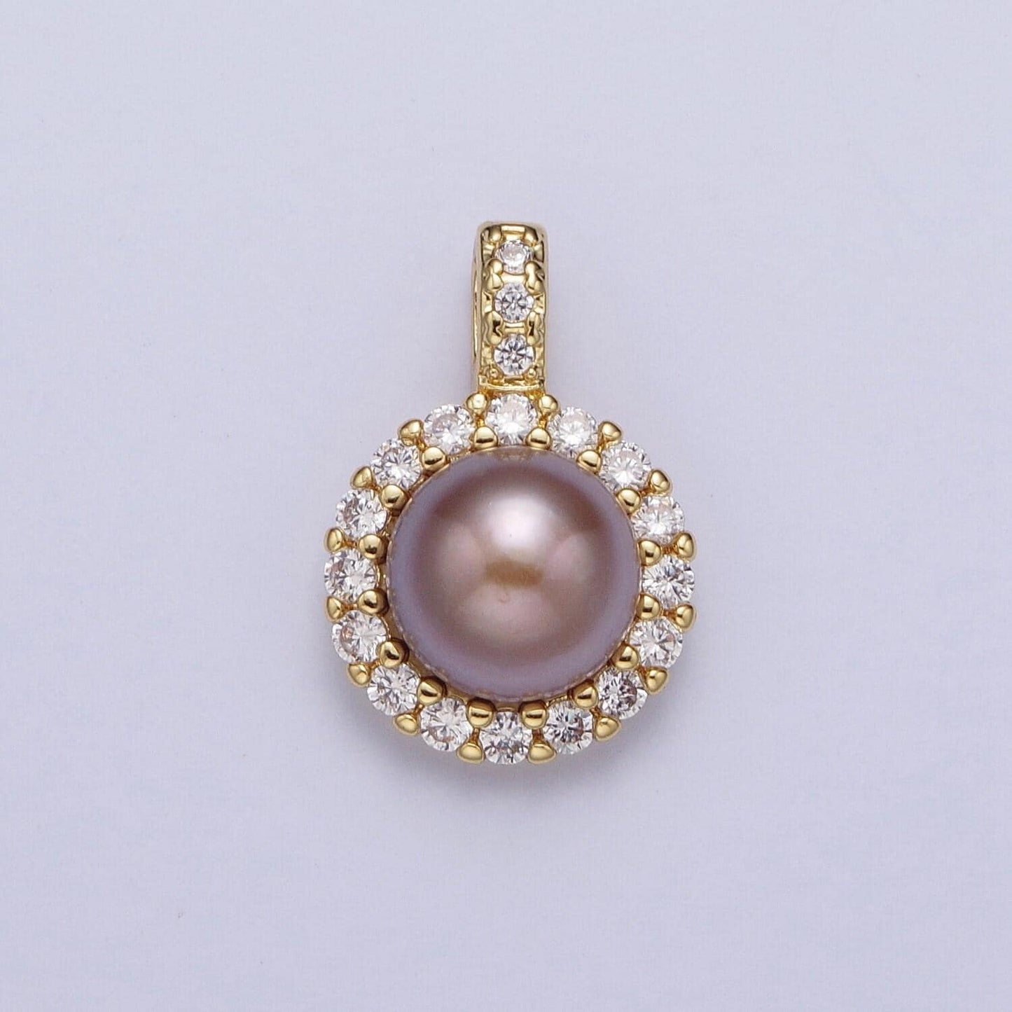 Elegant purple white round shell pearl round pendant, gold plated micro paved clear cz thick cz edge mother of pearl charm | h-102, h-108