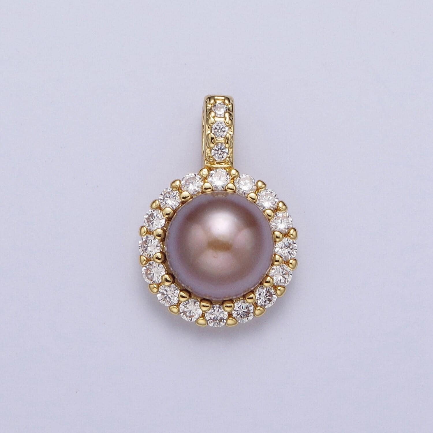 Elegant purple white round shell pearl round pendant, gold plated micro paved clear cz thick cz edge mother of pearl charm | h-102, h-108