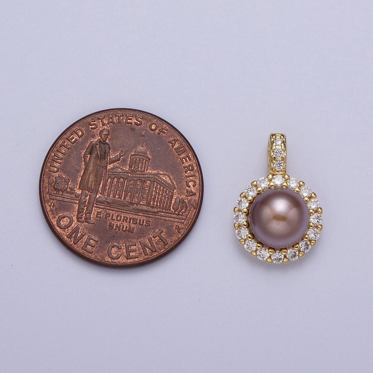 Elegant purple white round shell pearl round pendant, gold plated micro paved clear cz thick cz edge mother of pearl charm | h-102, h-108