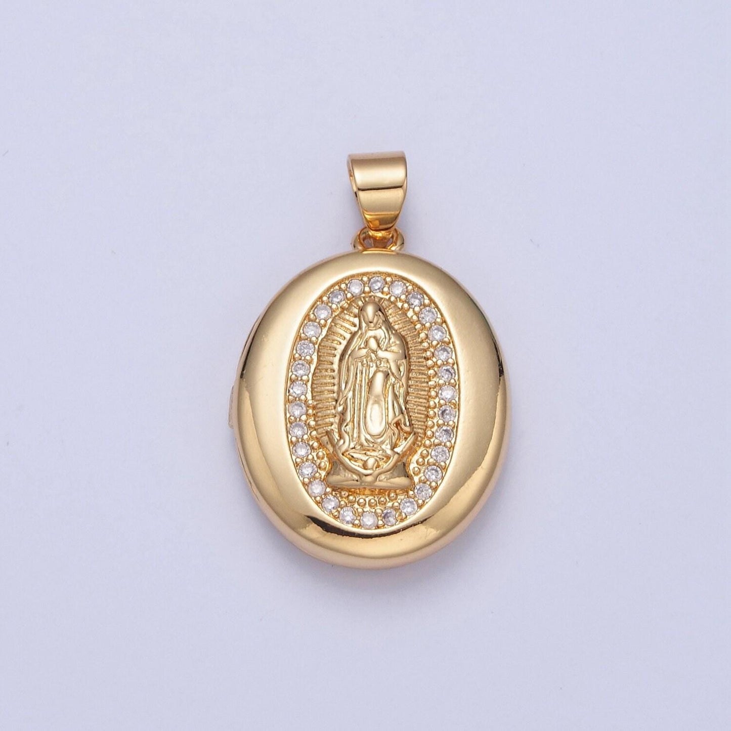 24k gold filled our lady of guadalupe and moses round oval locket micro pave cz pendant, openable virgin mary and moses charm | h-092, h-105