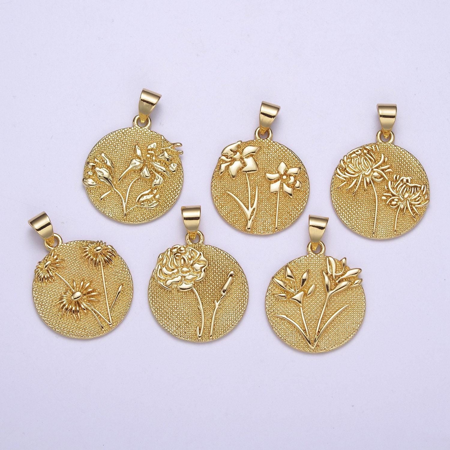 Wild flower collection gold rose flower, cotton blossom, sun flower dandelion charm medallion for necklace bracelet supply
