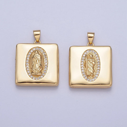 24k gold our lady of guadalupe and moses briefcase square locket micro pave cz pendant, openable virgin mary and moses charm | h-088, h-089