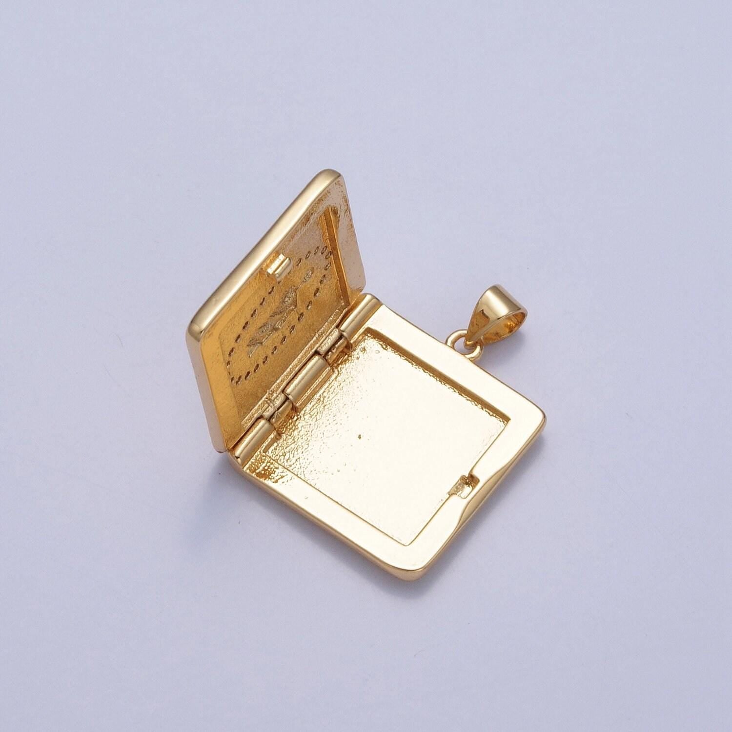 24k gold our lady of guadalupe and moses briefcase square locket micro pave cz pendant, openable virgin mary and moses charm | h-088, h-089