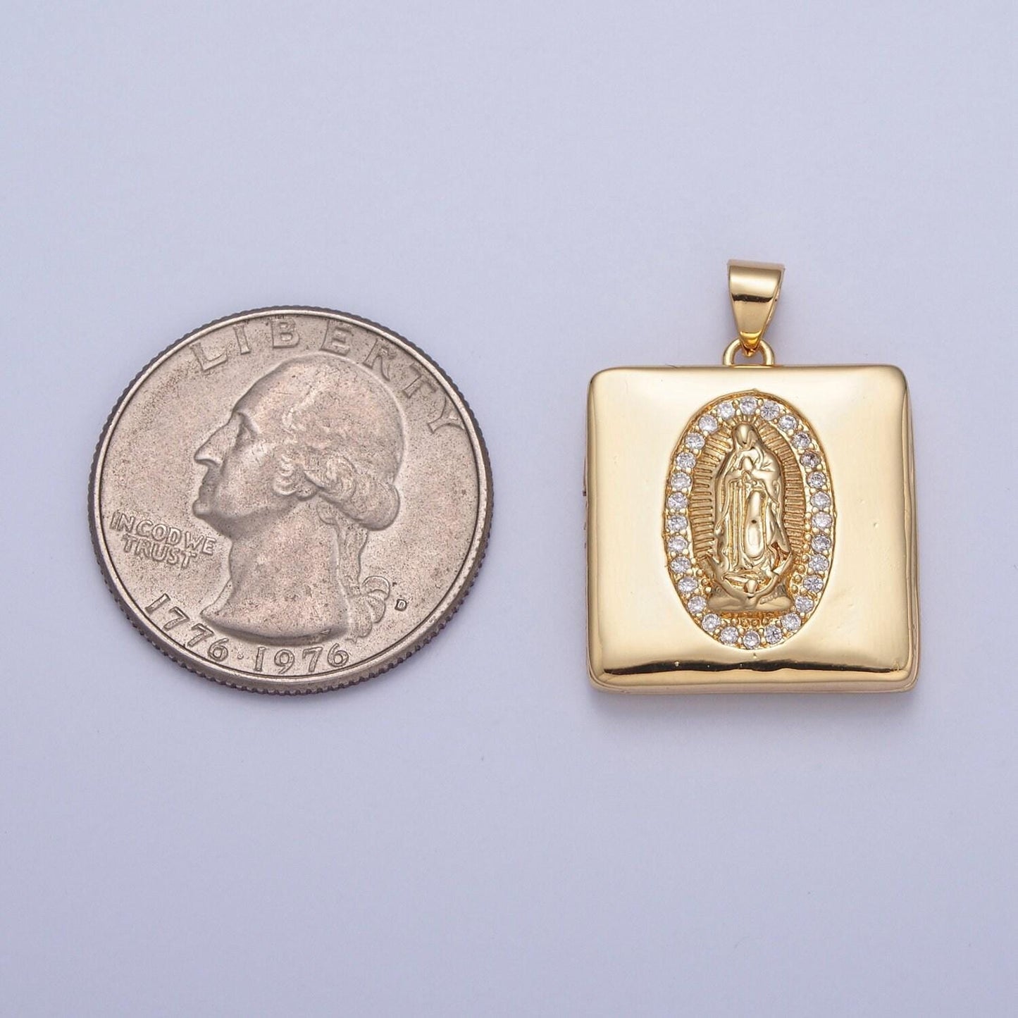 24k gold our lady of guadalupe and moses briefcase square locket micro pave cz pendant, openable virgin mary and moses charm | h-088, h-089