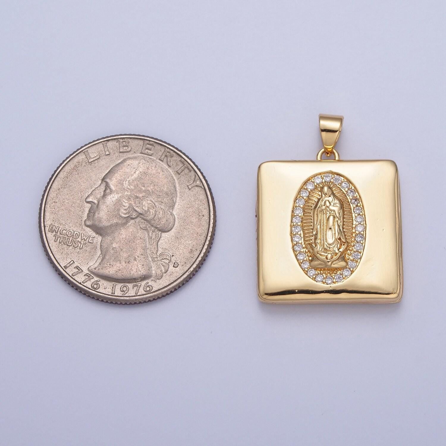 24k gold our lady of guadalupe and moses briefcase square locket micro pave cz pendant, openable virgin mary and moses charm | h-088, h-089