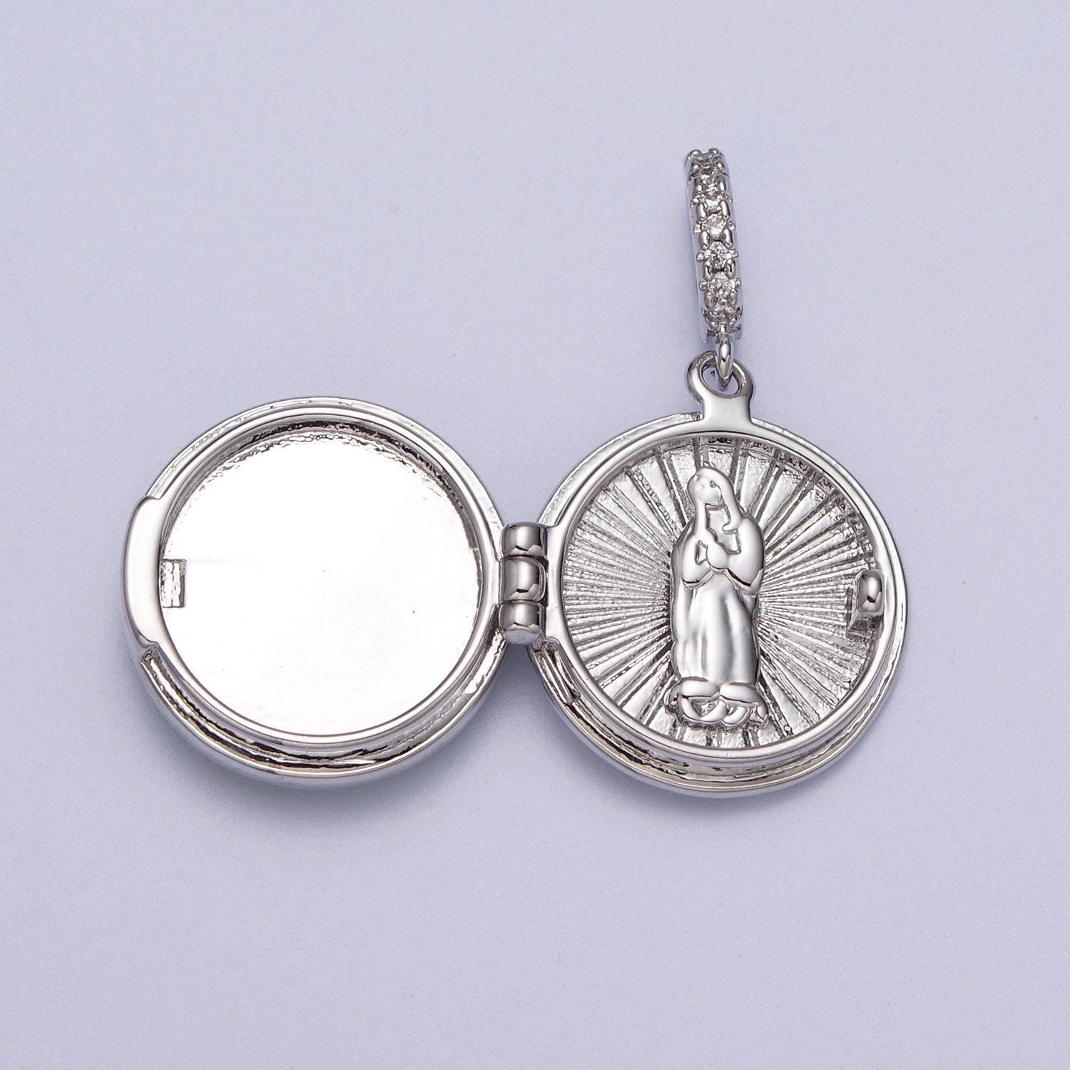 Silver virgin mary pendant marian cross black, green, pink, white, green shell opal round locket pendant | h044 h052 h060 h066 h073