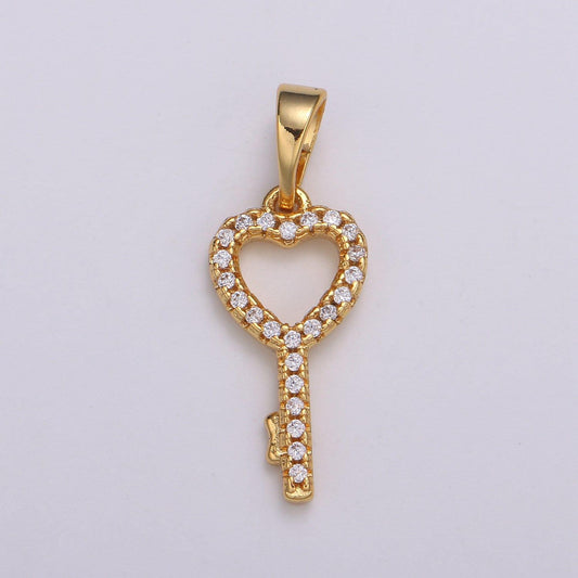 1pc 24k gold micro pave cz heart key pendant charm, micro pave cz key pendant charm, key pendant, for diy jewelry, h053