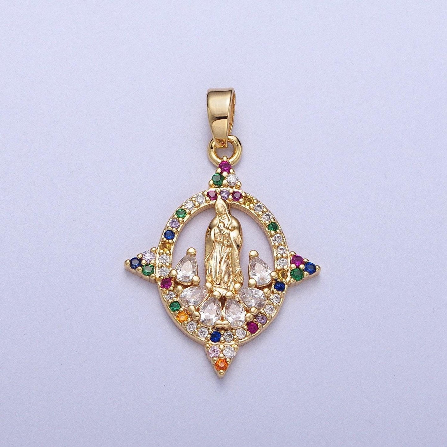 Colorful cz gold four-point virgin mary oval pendant, 24k gold plated micro paved cz marquise cut crystals lady of guadalupe charm | h-001