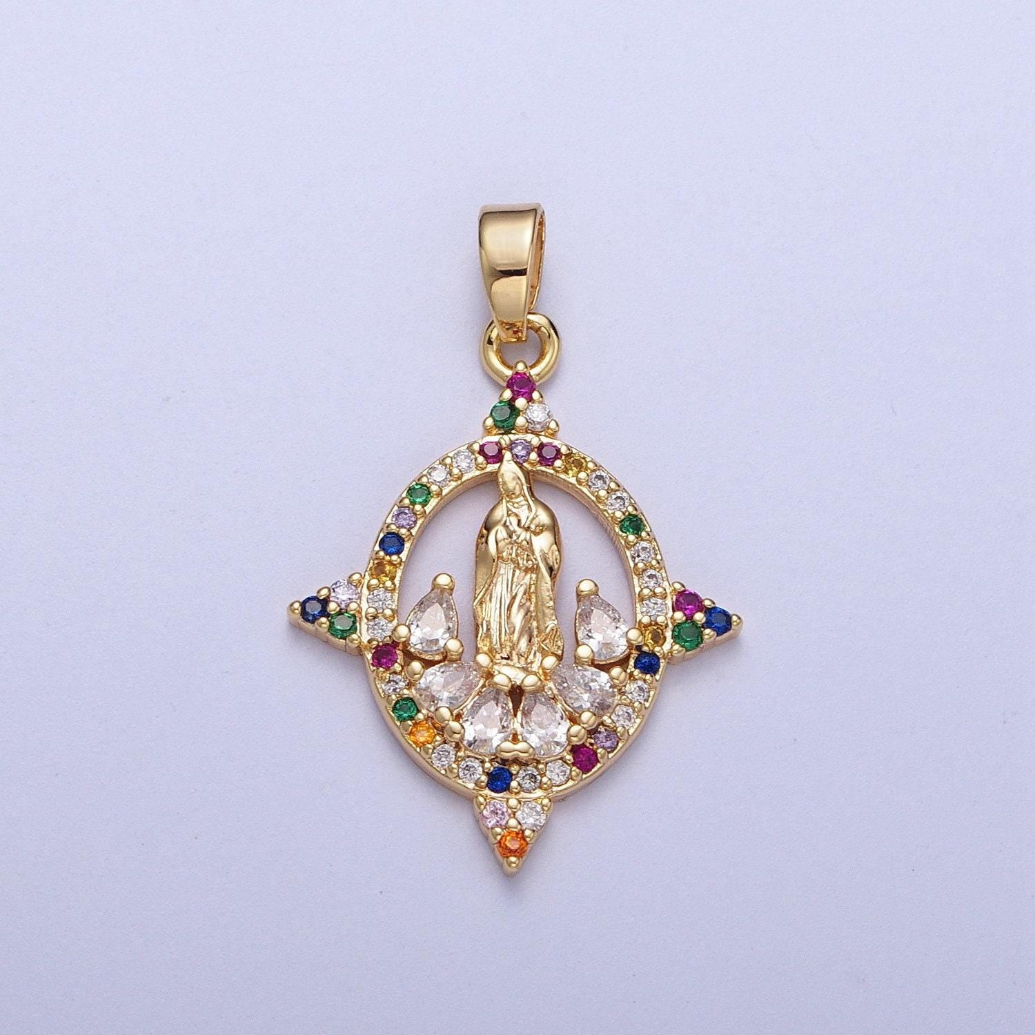 Colorful cz gold four-point virgin mary oval pendant, 24k gold plated micro paved cz marquise cut crystals lady of guadalupe charm | h-001