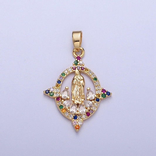 Colorful cz gold four-point virgin mary oval pendant, 24k gold plated micro paved cz marquise cut crystals lady of guadalupe charm | h-001