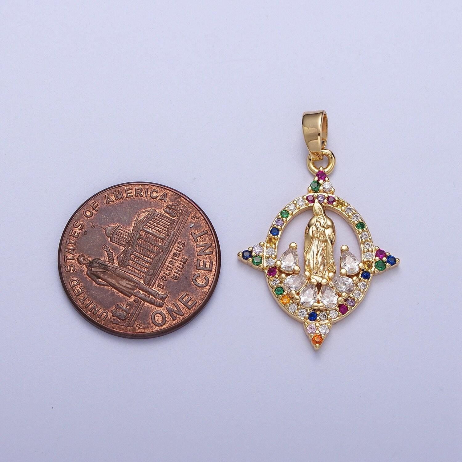 Colorful cz gold four-point virgin mary oval pendant, 24k gold plated micro paved cz marquise cut crystals lady of guadalupe charm | h-001