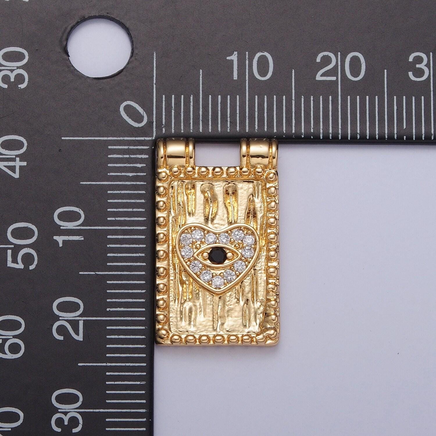 24k gold evil eye in clear cz stoned heart tag pendant, gold rectangle beaded edges, cz stones heart, rectangle connector | g-923
