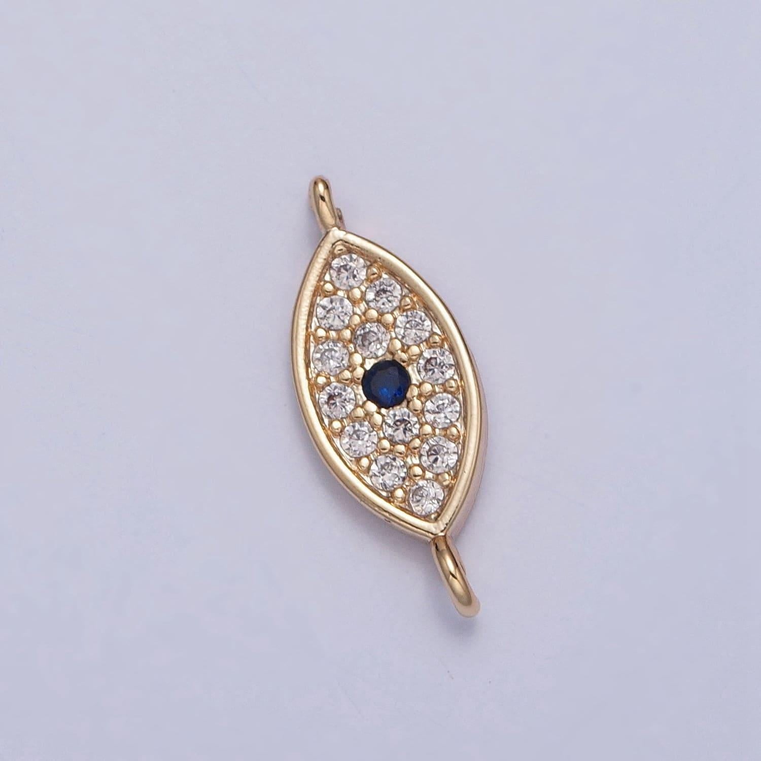 16k gold plated dainty blue iris evil eye charm connector micro pave cubic zarconia cz stones for bracelet necklace jewelry finding | g-916