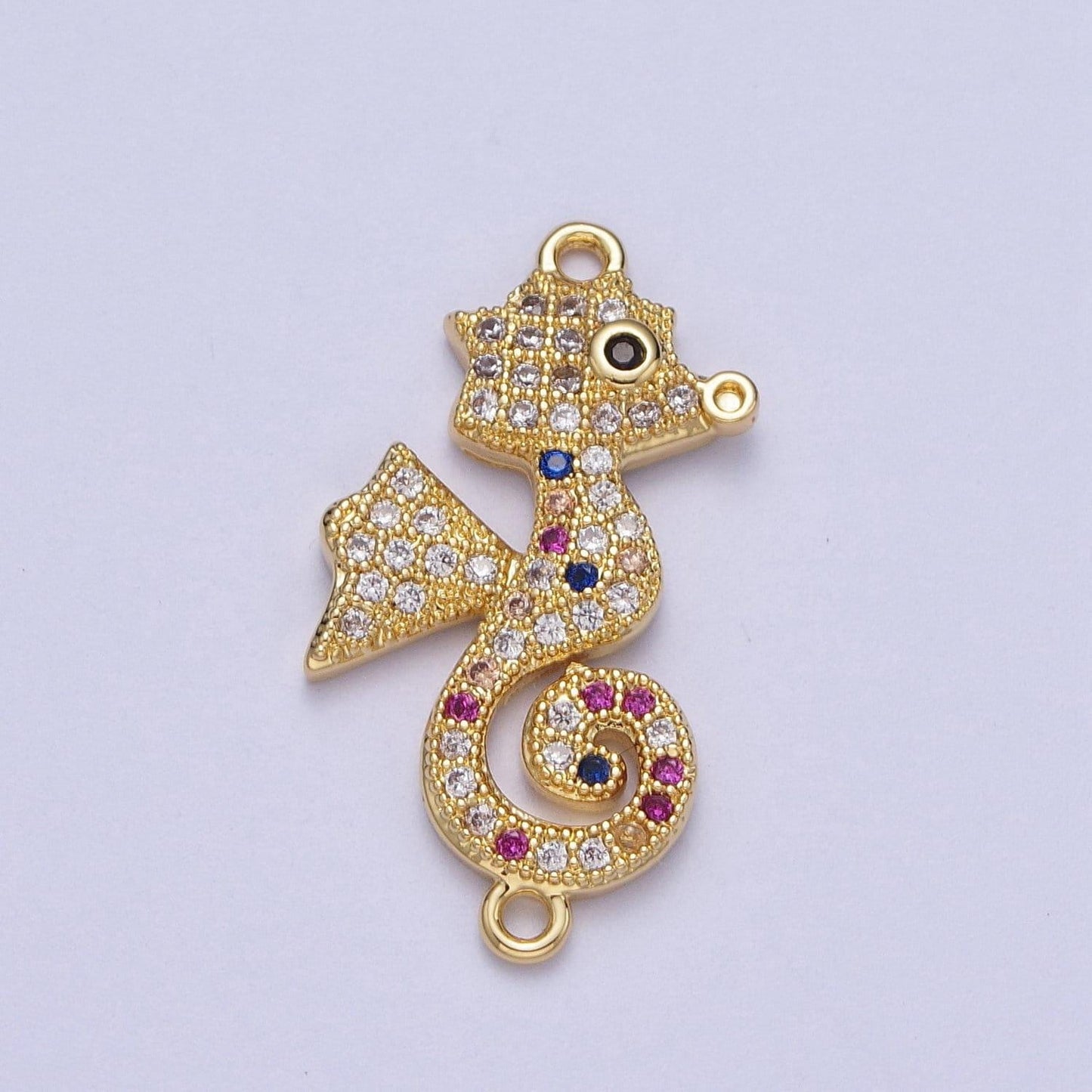 24k gold filled cartoon sea horse link connector, dainty animated seahorse clear micro pave cz connector, under the sea | g-883, g-567