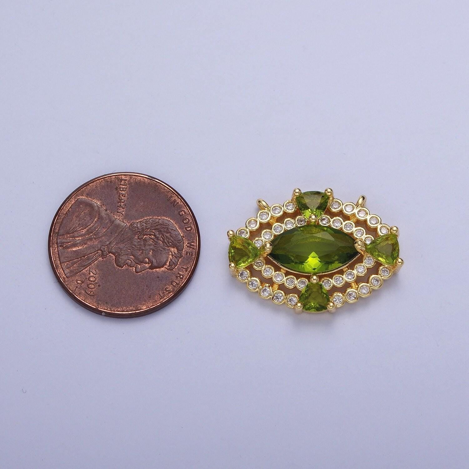 24k gold filled dainty olive moss green gold evil eye charm connector w/ micro cz pave stones for bracelet necklace supply | g-872