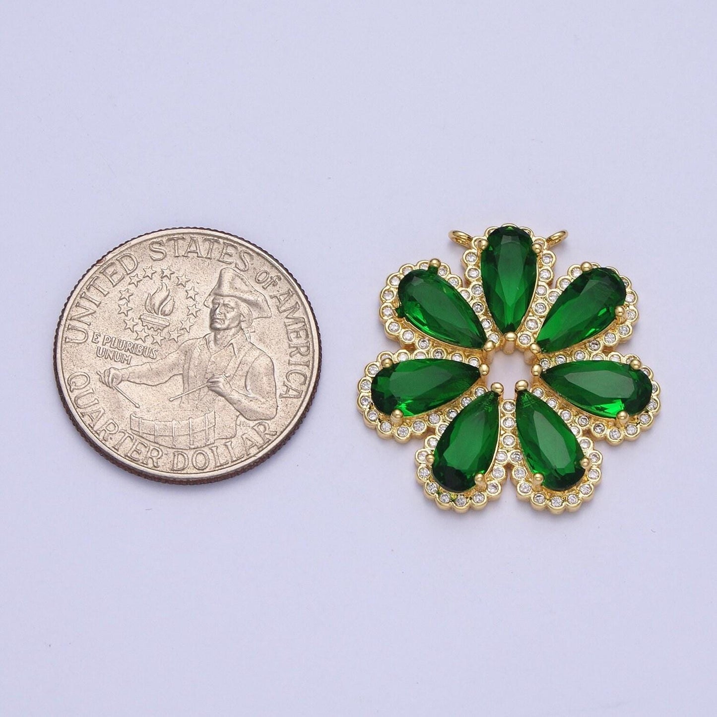 14k gold filled dainty emerald green seven petals flower charm connector for bracelet necklace lucky floral florette jewelry | g871