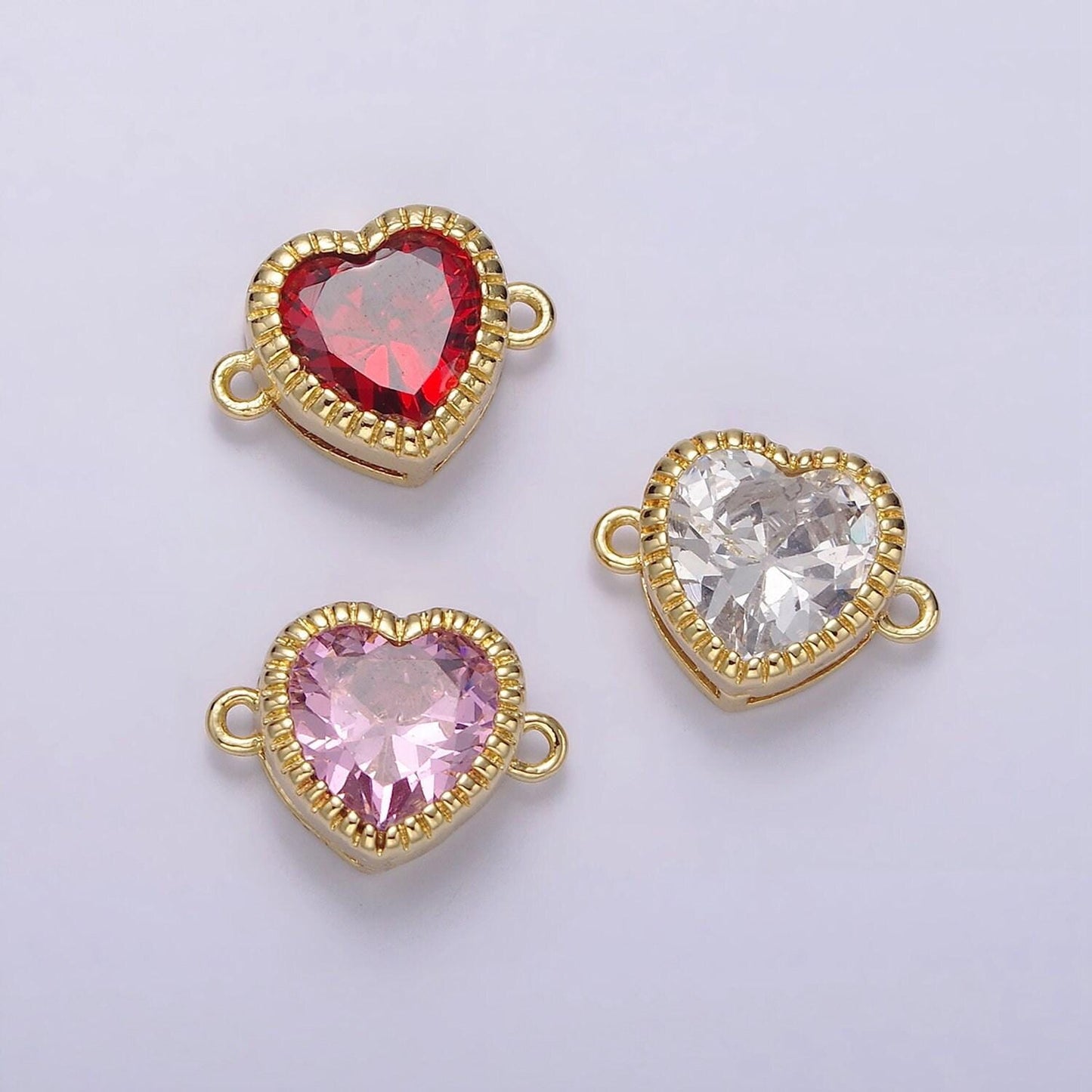 14k gold filled 9.5mm red, pink, clear cz heart line-textured connector | g717 - g719