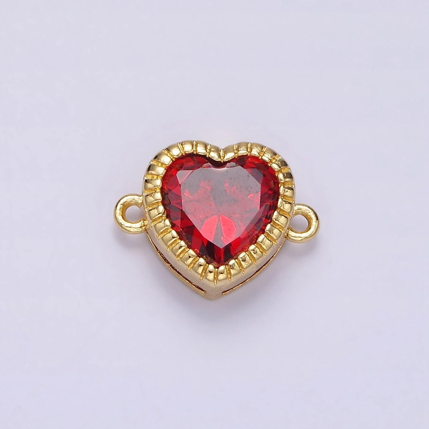 14k gold filled 9.5mm red, pink, clear cz heart line-textured connector | g717 - g719