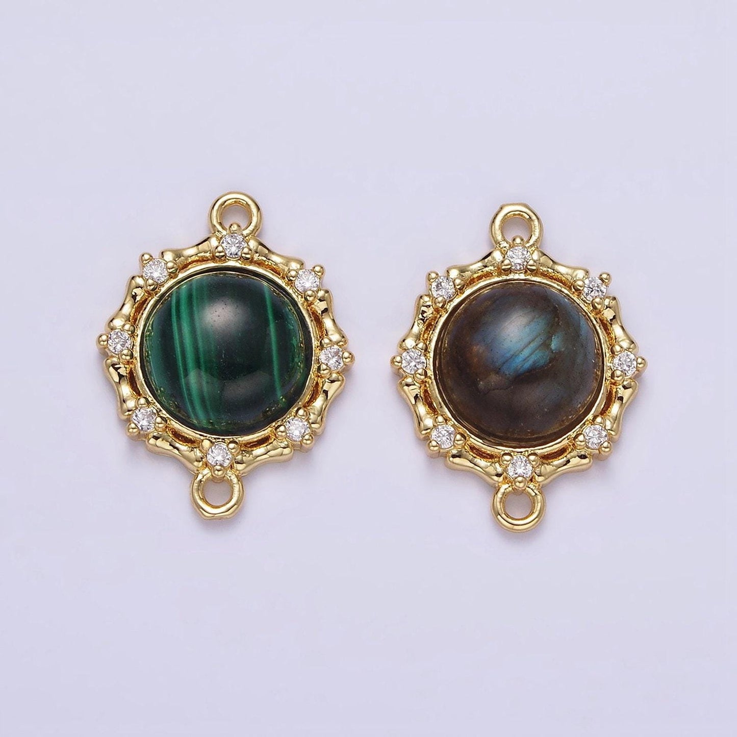 Gold filled malachite, labradorite stone with clear cz dotted outline round charm connector for bracelet link connector g-670 g-671