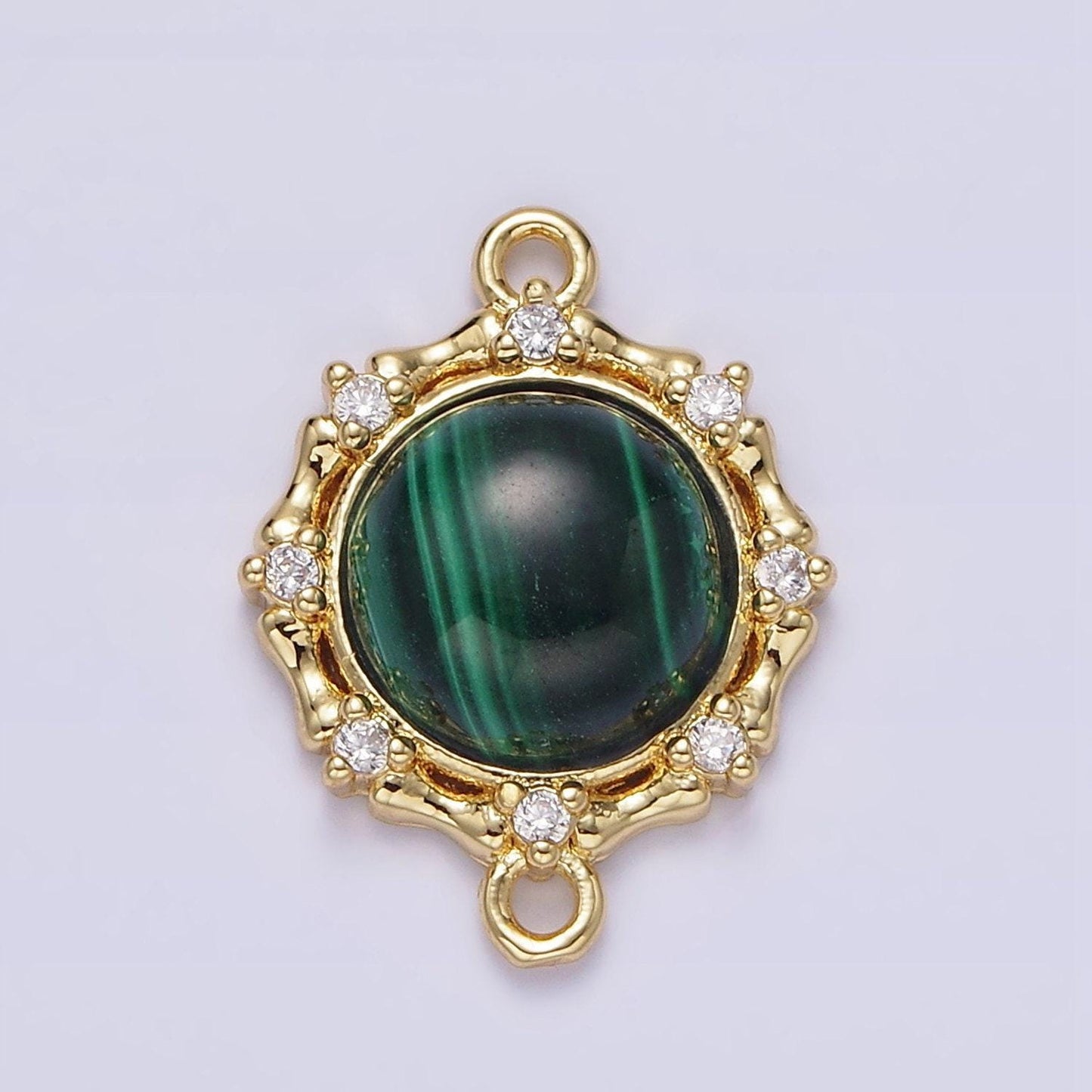 Gold filled malachite, labradorite stone with clear cz dotted outline round charm connector for bracelet link connector g-670 g-671